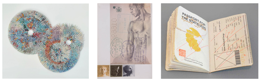A series of artworks that include elements of passports. The first appear to be florets made of paper, the second features a portrait, the third is a small passport-like book.