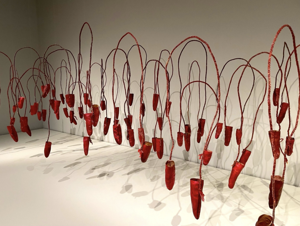there are a lot of red objects on display in a room