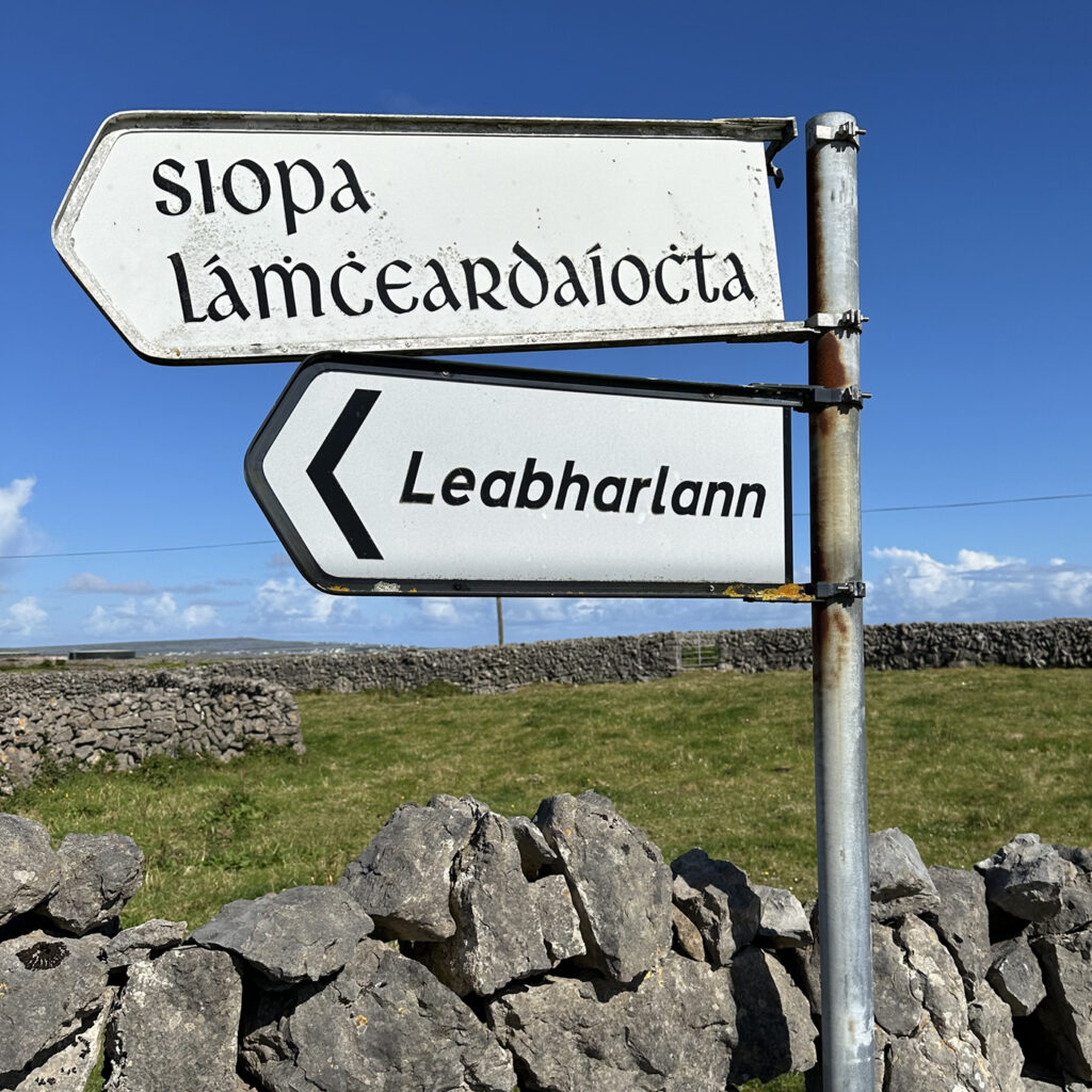 there are two street signs on a pole in front of a stone wall