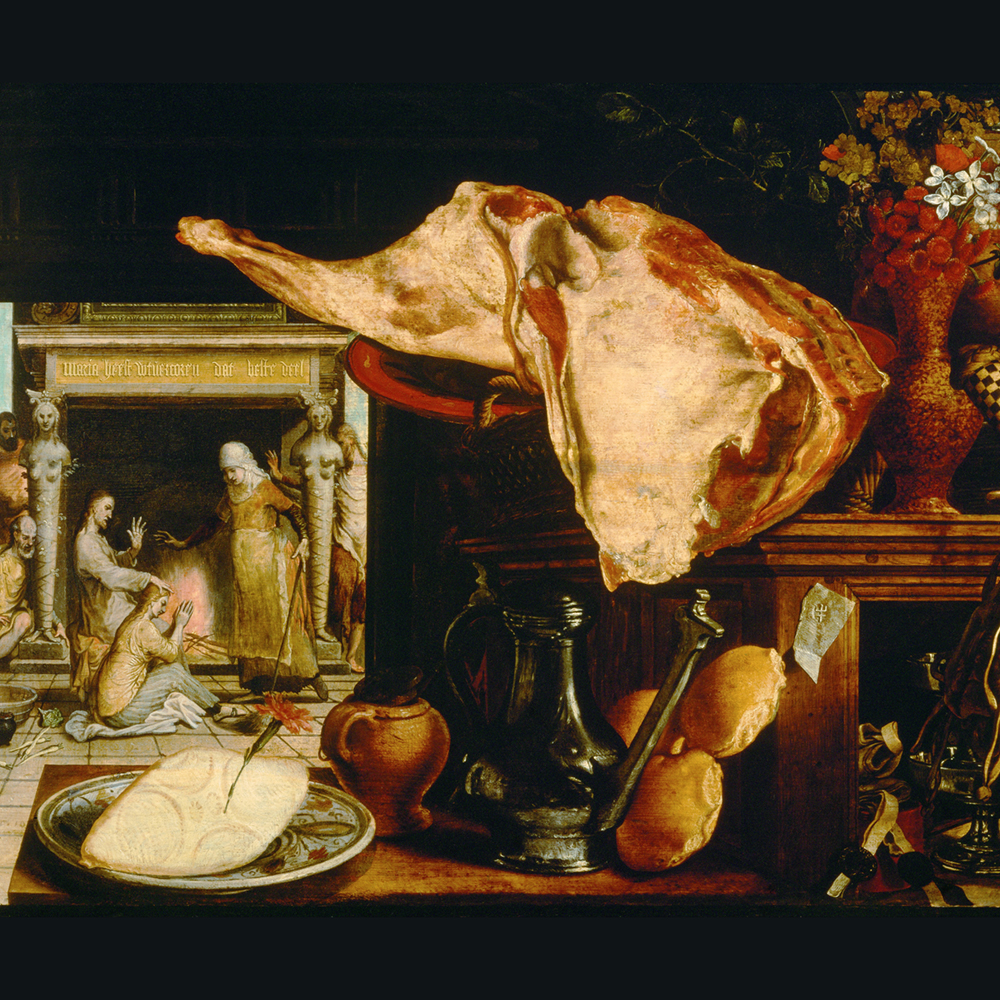 there is a painting of a ham on a table with a plate of bread on it
