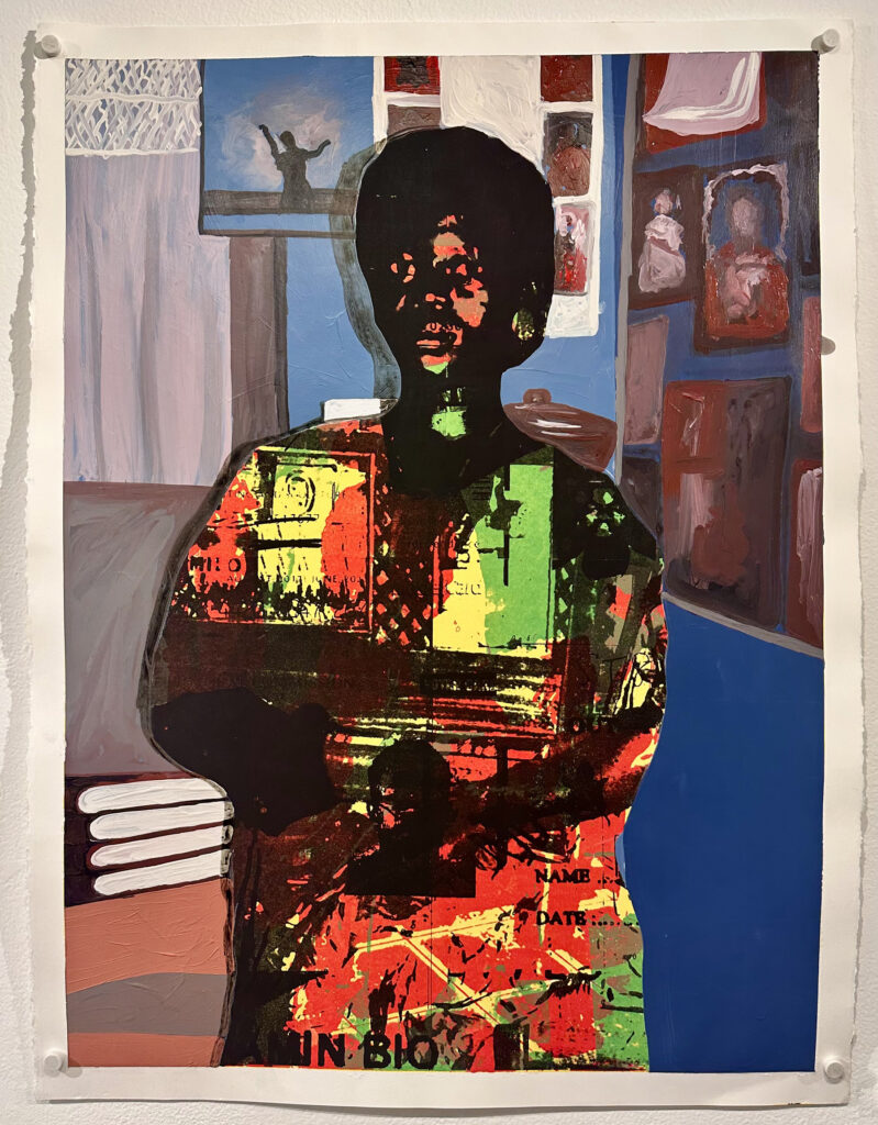there is a picture of a painting of a woman standing in a room