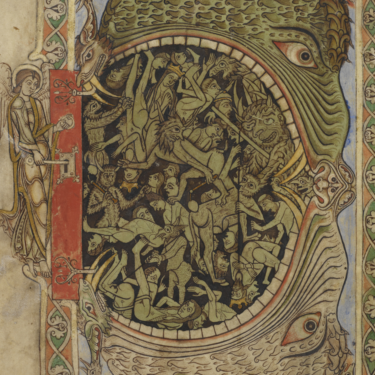Harrowing of Hell. An angel unlocking the Door of Hell. Hell is represented as a great mouth within which are human beings and devils.