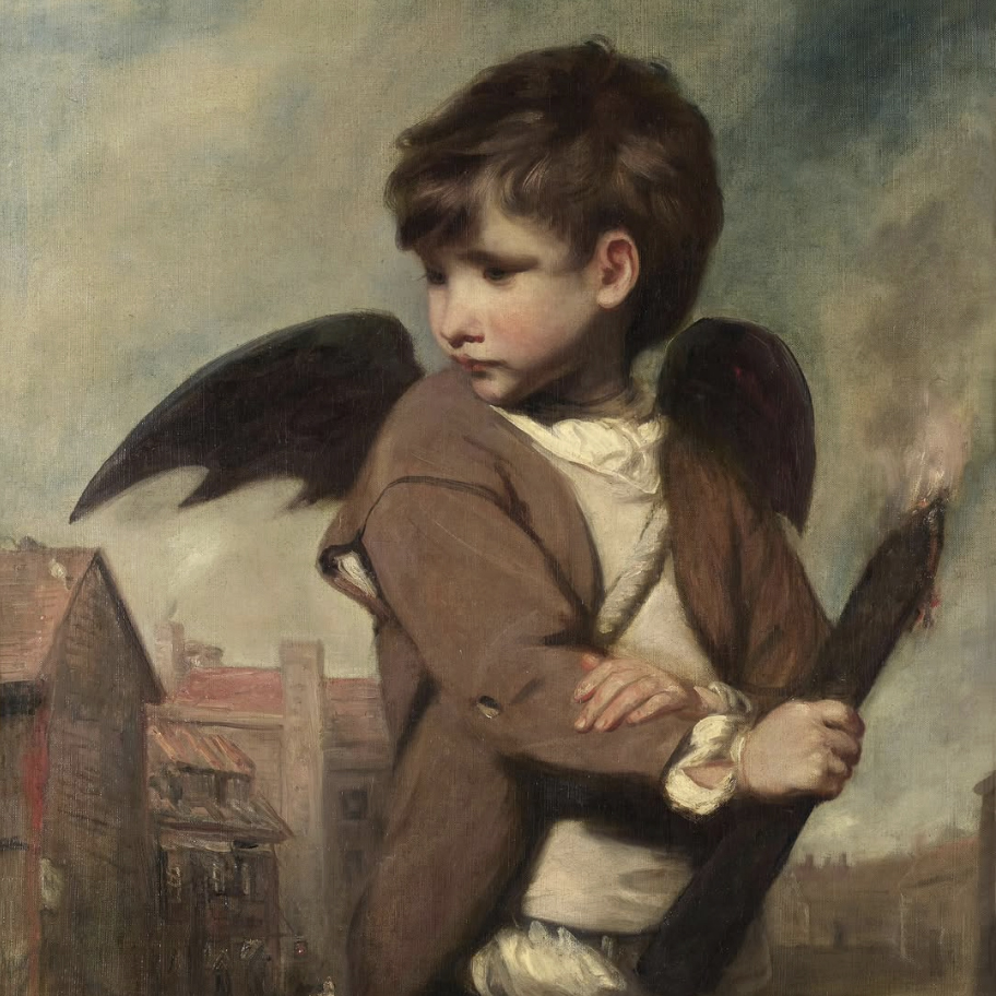 there is a painting of a young boy with a bat in his hand