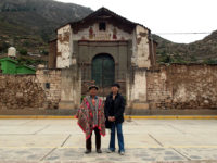 Gabriela Germana and the painter Primitivo Evanan in front of the church of Sarhua